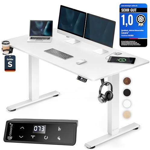 CASARIA® Höhenverstellbarer Schreibtisch elektrisch 120 x 60 cm mit Wireless Charger & USB-C/A Anschluss LCD-Display Memory-Funktion 80 kg belastbar ergonomisch Weiß