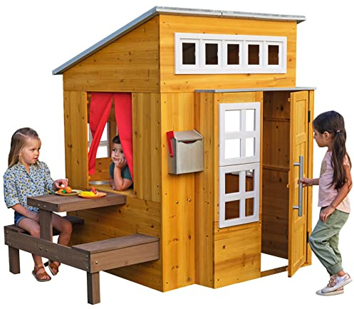 KidKraft Modernes Outdoor Spielhaus für Kinder aus Holz 158 cm | Wetterfestes Zypressenholz – Garten-Spielhaus mit Kinderküche, Picknicktisch, Briefkasten & Grill-Set für Rollenspiel – Natur