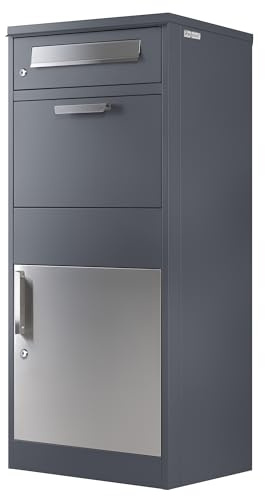 Zelsius Paketbriefkasten | RAL7016 Anthrazit | verzinkter pulverbeschichteter Stahl mit Edelstahl Elementen | Briefkasten mit Paketfach, integrierte Rückholsperre, Bodenmontage | Paketbox, Parcel Box