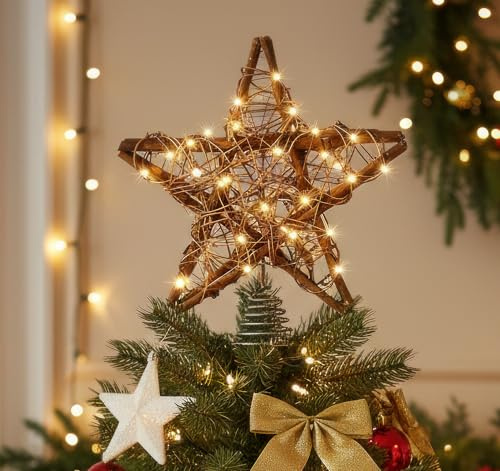Anstore Weihnachtsbaumspitzen Stern, Rustikale Rattan Stern 30x25x5cm Christbaumspitze Beleuchtet, Natürliche Holzbaumstern mit 50 LED Lichter Weihnachtsbaumschmuck Spitze für Weihnachtsbaumdekoration