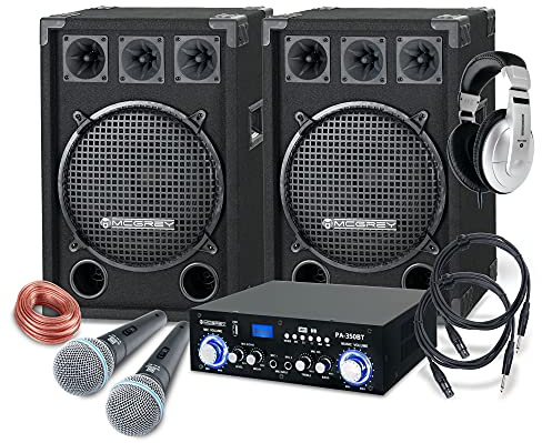 McGrey DJ Karaoke Komplettset PA Anlage Party-2000 (Lautsprecher, 2 x 600 Watt, Bluetooth-Endstufe, Verstärker, Lautsprecherkabel, Kopfhörer, Mikrofon, Klemme, Reduziergewinde, Etui, Mikrofonkabel)