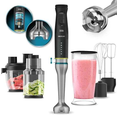 Cecotec Stabmixer Katana TotalDestroy 1500XL DoubleKatana. 1500 W, Doppelklingensystem, 21 Geschwindigkeiten und Turbo, 4 Klingen mit schwarzem Titan, Spritzschutzhaube, 800 ml Glas.