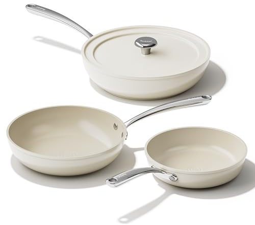 Redchef Keramik Pfannenset 20/24/28 cm, Antihaft Keramikpfanne mit Keramikbeschichtung, PTFE PFAS PFOA-frei, Induktionsgeeignet für alle Herdarten, Ofenfest Spülmaschinengeeignet (Beige)