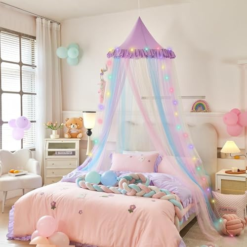 Anmas Power Rainbow Mosquito Net, Bed Canopy, Princess Canopy for Girls, Colourful Mesh Stitching, Mosquito Net for Bedroom Decoration (Lila–Regenbogen)