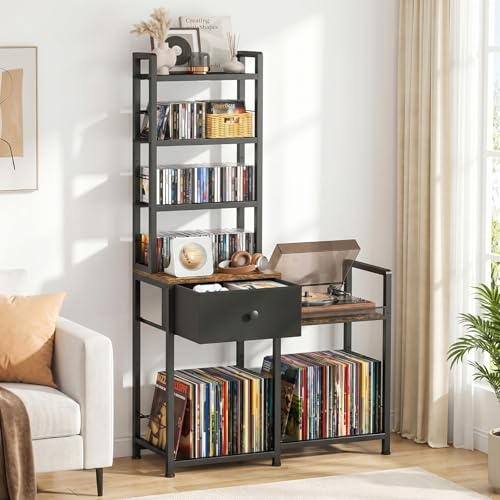 ikkle CD-Regal mit Schallplatten Regal – 7 Stufen DVD Regal Stehend | CD Ständer mit Schublade, für DVDs/CDs/Schallplatten/Bücher, CD Schrank für Wohnzimmer, Schlafzimmer & Büro