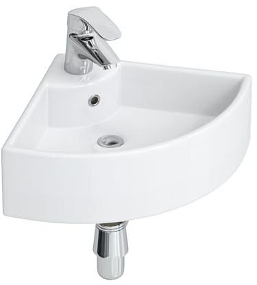 Eckwaschbecken klein aus Keramik, 460x330 mm weißes Kleines Waschbecken Gäste WC & kleine Bäder, mini handwaschbecken mit Hahnloch & Überlauf, Modernes Dünnrand-Design