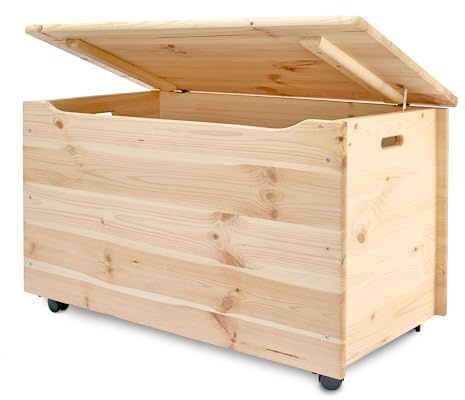 Pinus - Holzkiste mit Deckel auf Rollen, 90x48x51 cm, Groß Holzbox über Spielzeug, Ideal Spielzeugkiste für das Kinderzimmer, Aufbewahrungsbox, Natural Farbe, Kieferholz