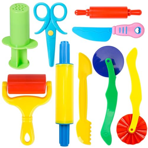Kinder Knet-Werkzeug Set, 9-teilig, mit Teigroller, Ausstechformen, Kinderschere, Teigextruder, Kunststoffmesser