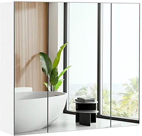 Yaheetech Spiegelschrank Badezimmerschrank mit 3 Spielgeltüren Aufbewahrungsschrank Wandschrank Medizinschrank Hängeschrank für Badezimmer 70,5 × 15 × 60,5 cm Weiß