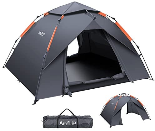 Amflip Campingzelt Automatisches 2 Personen Sofortzelt Pop Up Ultraleichtes Kuppelzelt 4 Jahreszeiten Wasserdicht & Winddicht Campingzelt mit Abnehmbarer Außenplane, Doppelschichten (‎grau)