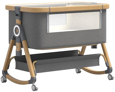 YAZOCO Beistellbett 3 in1 Babybetten Tragbar Babybett mit atmungsaktivem Netz und Laken, Verstellbarer Stubenwagen Beistellbett mit Aufbewahrungskorb (Hohe Version grau)