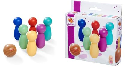 Eichhorn – Games – Bowling Spiel mit 6 Pins und Einer Holzkugel, buntes Tisch Bowling, 7 teilig, aus Birkenholz, ab 3 Jahren