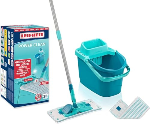 Leifheit Set Power CLEAN, Wischer,rückenschonender Bodenwischer mit Reinigungsklingen, Wischtuchpresse, Wischmopp Set mit Eimer und 2X Mikrofaser Wischbezüge für alle Hartböden, Click-System