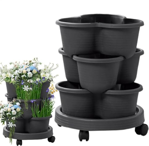 Befeixue Stapelbare Pflanztöpfe | Pflanzturm Mit Rädern | 3 Ebenen Erdbeeranbau Töpfe | Set Von 4 Stapelbaren Vertikalen Blumentopf | Garten Pflanzer Im Freien Für Gemüses Früchte Tomaten