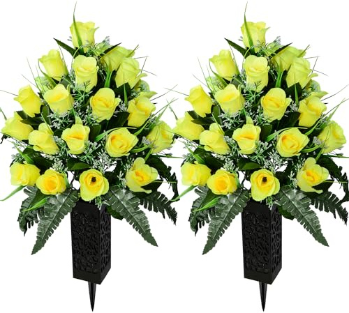 SIFOEL 2 Stück Künstliche Friedhofsblumen mit Vase, Künstliche Rose Grabdenkmal Blumen für Friedhof Grabsteine Dekoration (Yellow)