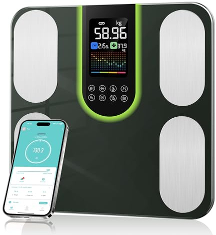 Körperfettwaage, Smart Waagen mit körperfett und muskelmasse, BMI grün | Körperanalysewaage mit 4-Elektroden BIA Technologie, Viszerales Fett, Körperwasser(20 Körperwerte), bis 180kg
