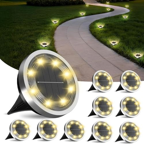 FLOWood Solar Bodenleuchten Aussen, IP65 Wasserdicht,Warmweiß,10 Stück | Solarlampen für Außen mit 8 LEDs, 8–10h Laufzeit,Edelstahl/ABS/PP, für Garten, Rasen, Auffahrt, Gehweg & Terrasse