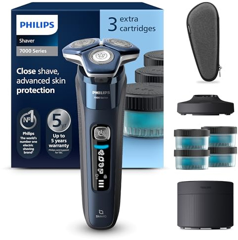 PHILIPS Shaver Series 7000 – Elektrischer Rasierer für Herren, Nass- und Trockenrasierer, ausklappbarer Trimmer, Reinigungsstation, 4 x Reinigungskartuschen, Ladestation & Reiseetui (Modell S7885/63)