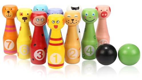 Jacootoys Kegelspiel 10 teiliges Kegel und 2 Bälle Bowling Set für Junge Mädchen Kinder Spielzeug aus Holz Drin Draußen ab 3 Jahren