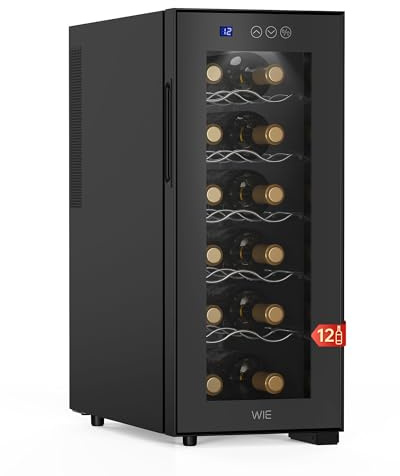 WIE Weinkühlschrank 1 Zonen 33 Liter 12 Flaschen Getränkekühlschrank Weinschrank Klein Wein-Kühlschrank Mini mit Glastür Vollglas-Designtür mit LED Touchpanel Anti-UV Wine Fridge
