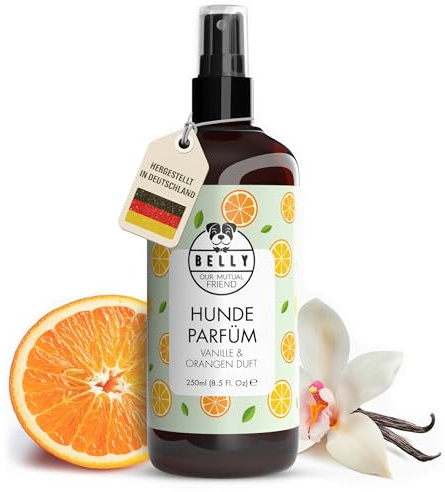 Belly® Hundeparfüm – Duftspray für Hunde & Welpen –250ml– Parfüm für Hunde mit Vanille & Orange – Spray gegen Geruch – pH-neutral – Fellpflege & Hundepflege