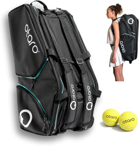Otaro Tennistasche 82L | Tennisschläger Tasche für 4 Schläger mit Thermofach, Schuhfach & Kühlfach | 3-in-1 Tragesystem | Laptopfach & viele Fächer | Wasserabweisende Tennis Tasche (Schwarz Blau)