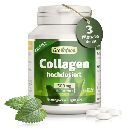 Collagen, hochdosiert, 500mg - 180 Tabletten. Natürlicher Collagen Komplex (Typ 1, Typ 2, Typ 3) mit Collagenhydrolysat - hohe Bioverfügbarkeit. OHNE künstliche Zusätze - laborgeprüft. Von Greenfood.