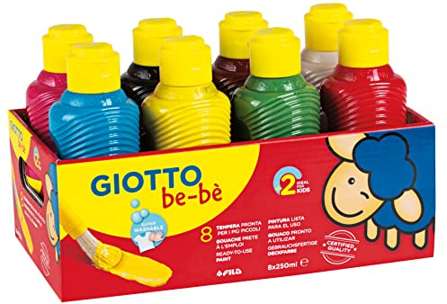 GIOTTO be-bè F532000: Temperafarben-Set für Kinder - 250 ml - mit 8 Farben - direkt malfertig - inklusive Dosierer in der Kappe - abwaschbar, farbig sortiert