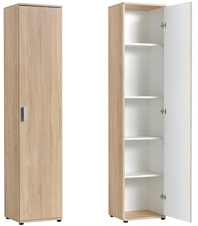 Schmaler Mehrzweckschrank Haushaltsschrank mit 1 Tür & 4 Einlegeböden | 40x35x184 cm (BxTxH) für Flur, Büro oder Schlafzimmer in Sonoma