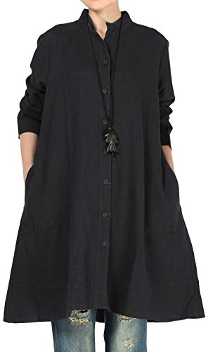 Vogstyle Damen Herbst Baumwolle Leinen Voller vorderer Knopf Blouse Kleid mit Taschen