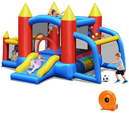 COSTWAY Hüpfburg + 450W Gebläse Springburg Hüpfschloss Outdoor Bouncer mit Rutsche, 60 Ozeanbälle, Fußballtor, 2 Dartpfeile, Tragetasche, Pfähle, Reparaturpaket 350x275x196cm