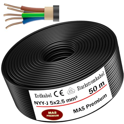 MAS Premium Erdkabel Stromkabel 5-125m NYY-J 5x1,5, 2,5, 4, 6, 10 oder 16 Elektrokabel Ring zur Verlegung im Freien, Erdreich (NYY-J 5x2,5 mm², 50m)