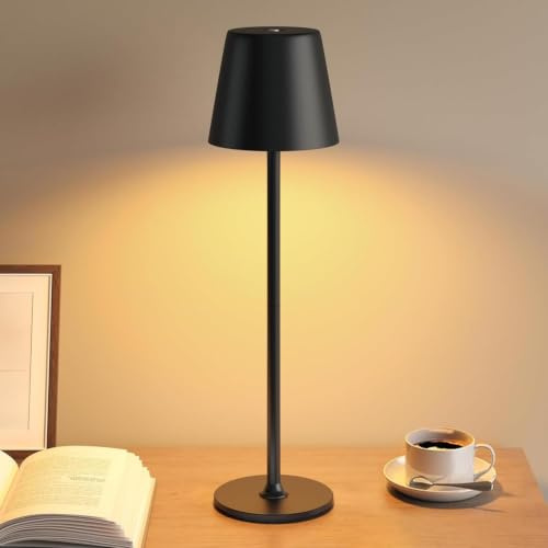 UPXNBOR LED Tischlampe Kabellos, Vollmetall Tischlampe für Outdoor & Indoor | Akku Tischleuchte, Nachttischlampe Touch, Schreibtischlampe, 3-stufiges Warmlicht, 2 Höhen, IP54 Wasserfest, Schwarz