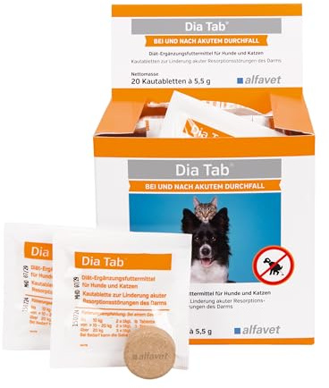 alfavet Dia Tab 20 x 5,5 g – Diät-Ergänzungsfuttermittel für Hunde & Katzen – Mit pflanzlichen Inhaltsstoffen zur Regulierung der Verdauung & Darmflora – Kautabletten mit Präbiotika