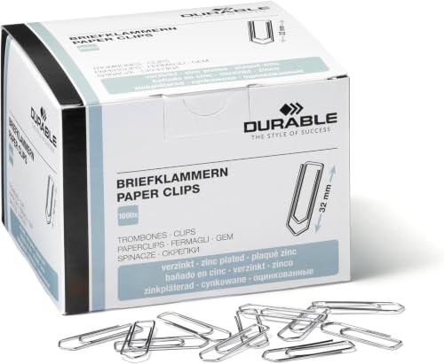Langlebige Büroklammern 32 mm verzinkt, Schachtel 1000er | Büroklammern zum Sammeln loser Dokumente, spitze Form, stabile Metallklammern für Bürobedarf