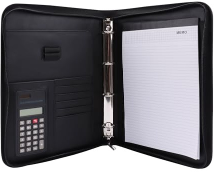 Genie Exclusiv A4 Schreibmappe mit Ringbuch, Taschenrechner, Reißverschluss, inkl. A4-Schreibblock, Lederoptik schwarz
