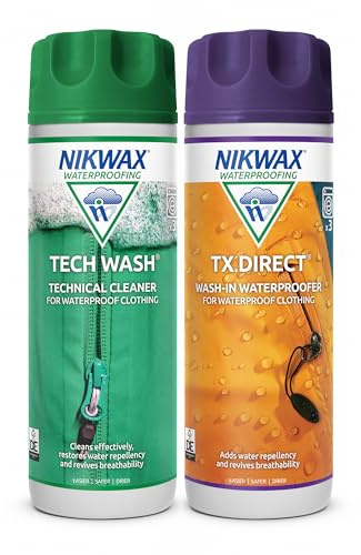 Nikwax Tech Wash und TX.Direct Doppelpack 2 x 300ml, Technischer Reiniger und Wash-In Imprägnierer für Wetterschutzbekleidung - reinigt, imprägniert, revitalisiert die Atmungsaktivität