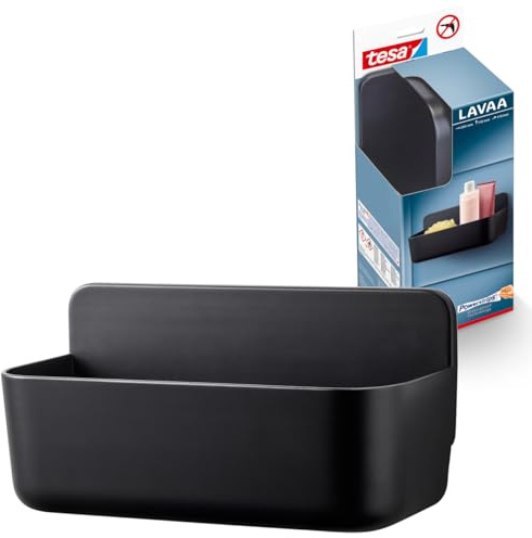 tesa Lavaa Duschkorb M, schwarz matt - Duschablage zur Wandmontage ohne Bohren, inkl Powerstrips Waterproof Strips XL - 260 mm x 130 mm x 110 mm
