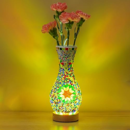 Maimeili Retro türkische Mosaik Vase Lampe türkische marokkanische Tischlampe bunte handgefertigte Glasvase mit Holzbasis für Blumen USB Lade Dekor Licht für Schlafzimmer Umgebung Wohnzimmer