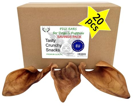 Schweineohren für Hunde, Sparpack 20 Stück, ca. 650–700 g | Natürliche Kaumittel für Hunde - getrocknetes Fleisch