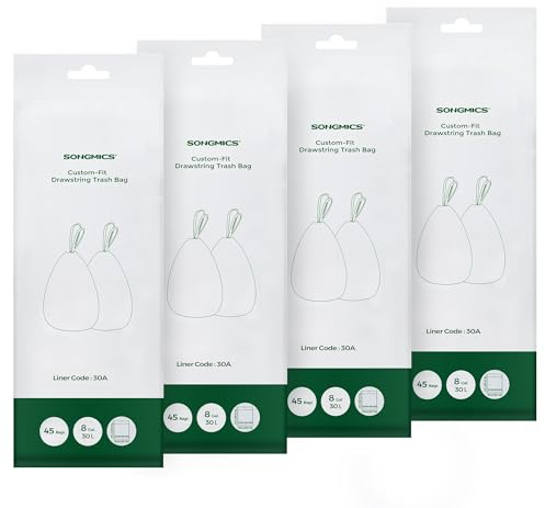 SONGMICS Müllbeutel mit Zugband, hochbelastbar, Müllsäcke für 30 Liter Mülleimer, bereits getrennt, Code 30A, 4 Rollen, insgesamt 180 Stück, weiß KRB430A01