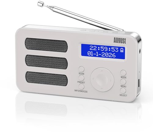 August MB225 Tragbares DAB+/FM Radio mit Akku, Doppelalarm, Sleeptimer, RDS | Digitalradio mit 40 Presets, Stereo/Mono, Kopfhöreranschluss, Snooze, wiederaufladbar für Senioren, Zuhause&Outdoor – Weiß