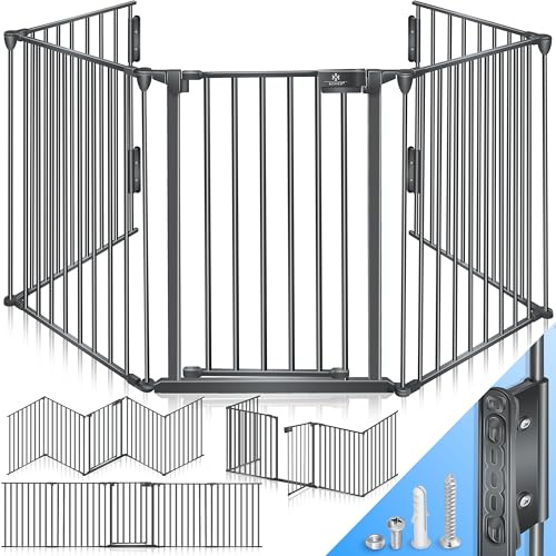 KESSER® Kaminschutzgitter mit Tür 305 cm Metall Ofenschutzgitter Laufgitter Laufstall Absperrgitter Tierschutzgitter Türschutzgitter für Kinder-Sicherung, 5-teilig Elemente (je 60 x 75 cm) Anthrazit