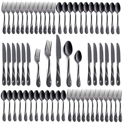 Seeshine Schwarzes Besteckset für 12 Personen, 60-teiliges Edelstahlbesteckset, glänzendes schwarzes Metallbesteckset, einschließlich Gabel-, Messer- und Löffelset, spülmaschinenfest