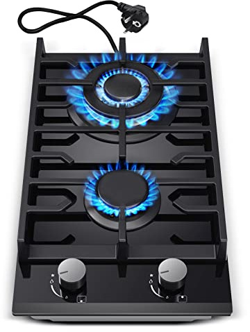TopStrong Gaskochfeld 2 Flammig, 30cm Gehärtetes Glas-Gaskochfeld, Einbau Gaskochfeld mit Gusseisernen Stützen, Erdgas/Propangas Konvertierbar, Flammenschutz, 5200W, Schwarzes