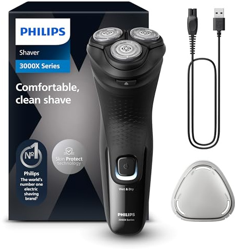 Philips Shaver Series 3000X – Elektrischer Rasierer für Herren in Schwarz, Nass- und Trockenrasur, mit SkinProtect-Technologie, ausklappbarem Bartschneider (Modell X3001/00)