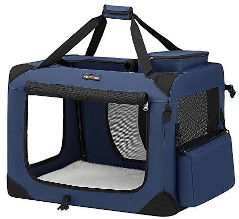 Feandrea Hundebox faltbar, Transportbox Hund, L, Hundetasche, Oxford-Gewebe, Netzstoff, atmungsaktiv tragbar transportabel, Metallrahmen, mit Griffen, Taschen, 70 x 52 x 52 cm, dunkelblau PDC70Z