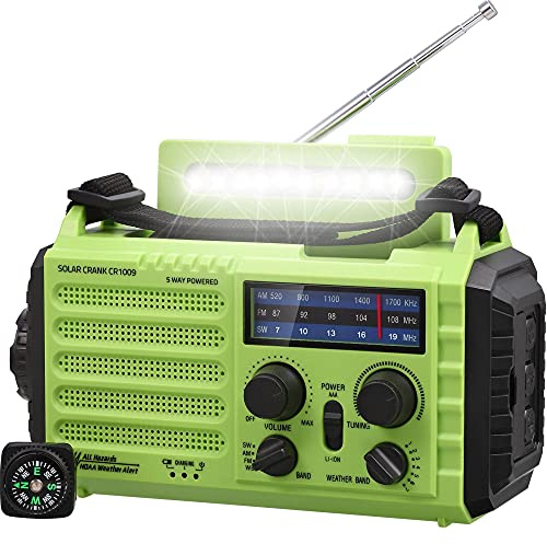 Mesqool Tragbare Kurbelradio, Notfallradio mit 5000mAh Akku, Solar Radio mit Weltempfänger, Typ C | AM/FM/SW Radio | Notfallset | LED Taschenlampe & Leselampe | Kompass für Wandern, Camping, Freien