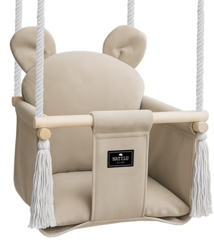 NATILU® Babyschaukel Indoor Outdoor | Bär Light Beige Velvet | Babyschaukel | Baby schaukel Indoor | Kinderschaukel aus Holz | Holzschaukel für Kinder | Schaukeln für türrahmen