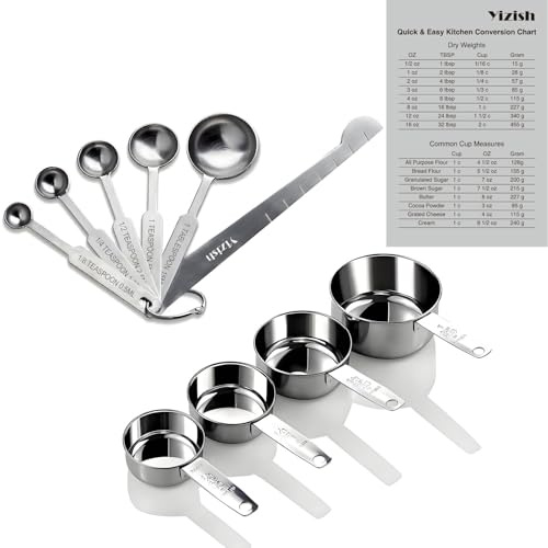 Yizish Edelstahl Messbecher und Löffel mit Meßlineal, Küche Umrechnungstabelle Set von 10 Für Trockene und Flüssige Zutaten